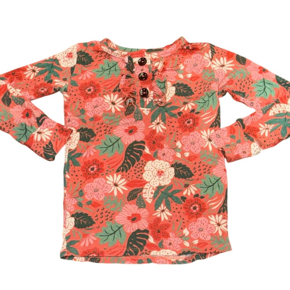 Gigi and Max Girls Bamboo Long Sleeve Henley Top Floral Coral Pink Size 2T